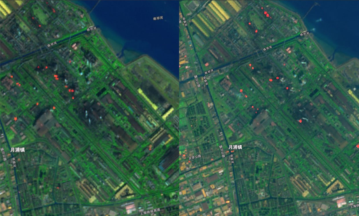 Figure 3: Side by side satellite images from December 30, 2019 (left) and January 29th, 2020, show that steel industry activity is still down in China [Source: spectrum.ieee.org].